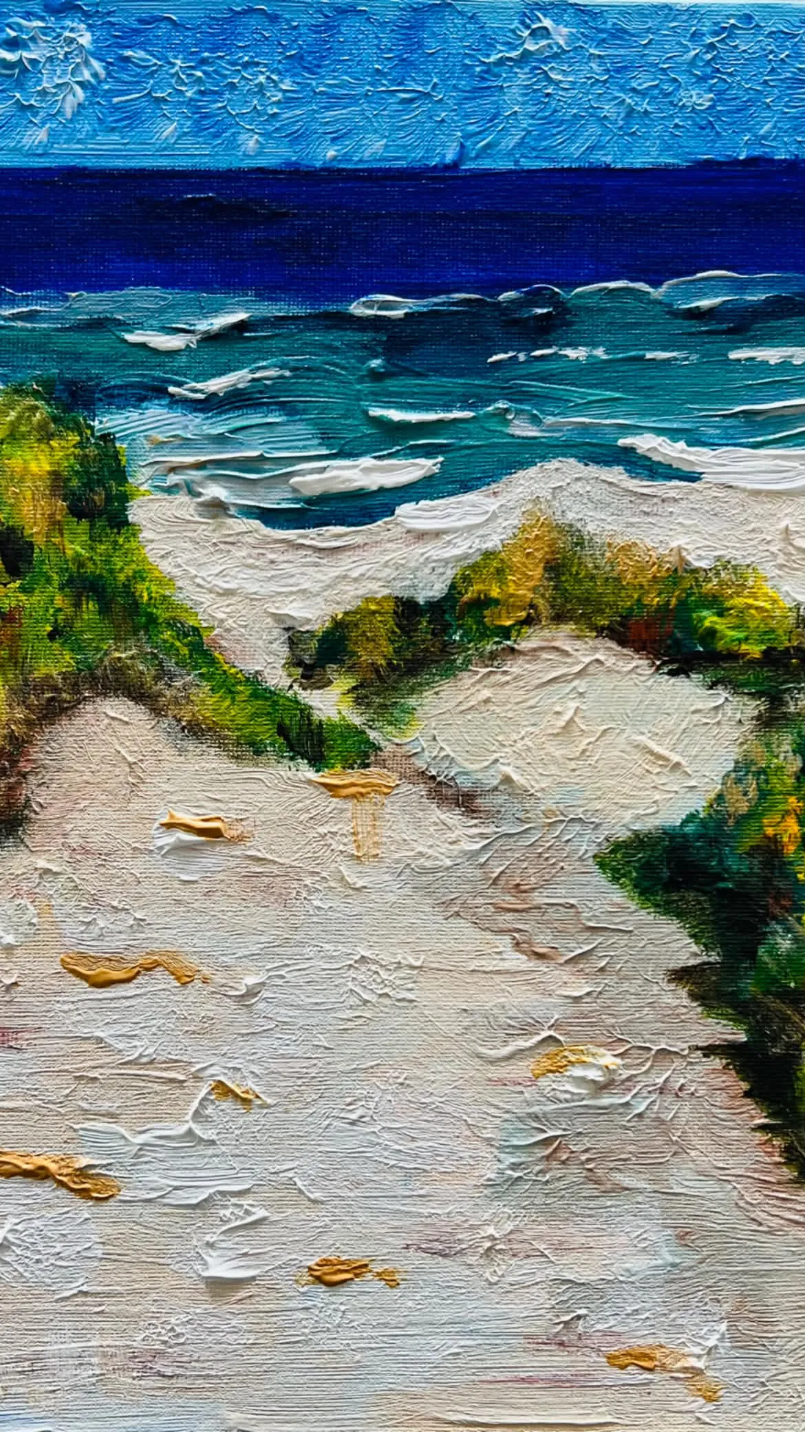 Detail study of a coastal dune path in oil paint