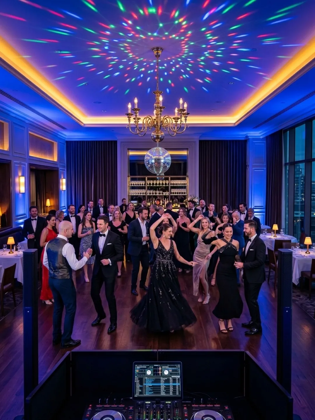 Guests dancing at an event under colorful lighting