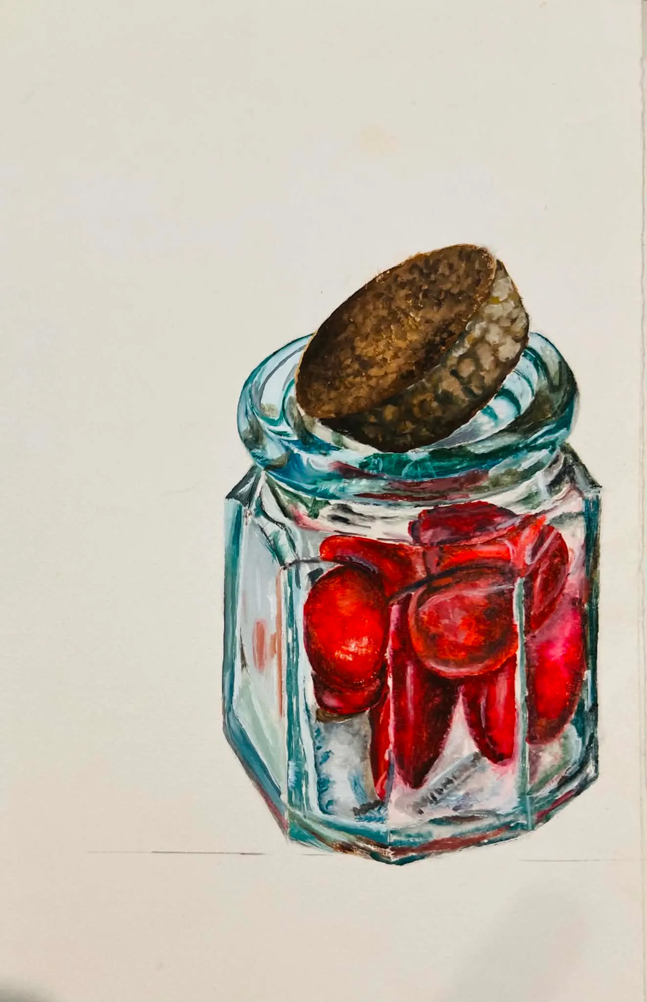 Watercolor study of a jar of preserved chillies