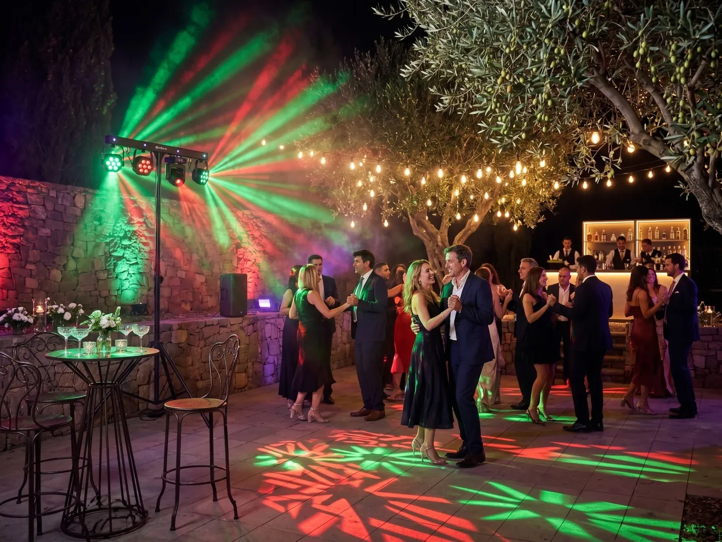 Outdoor garden party lit with uplighting and string lights